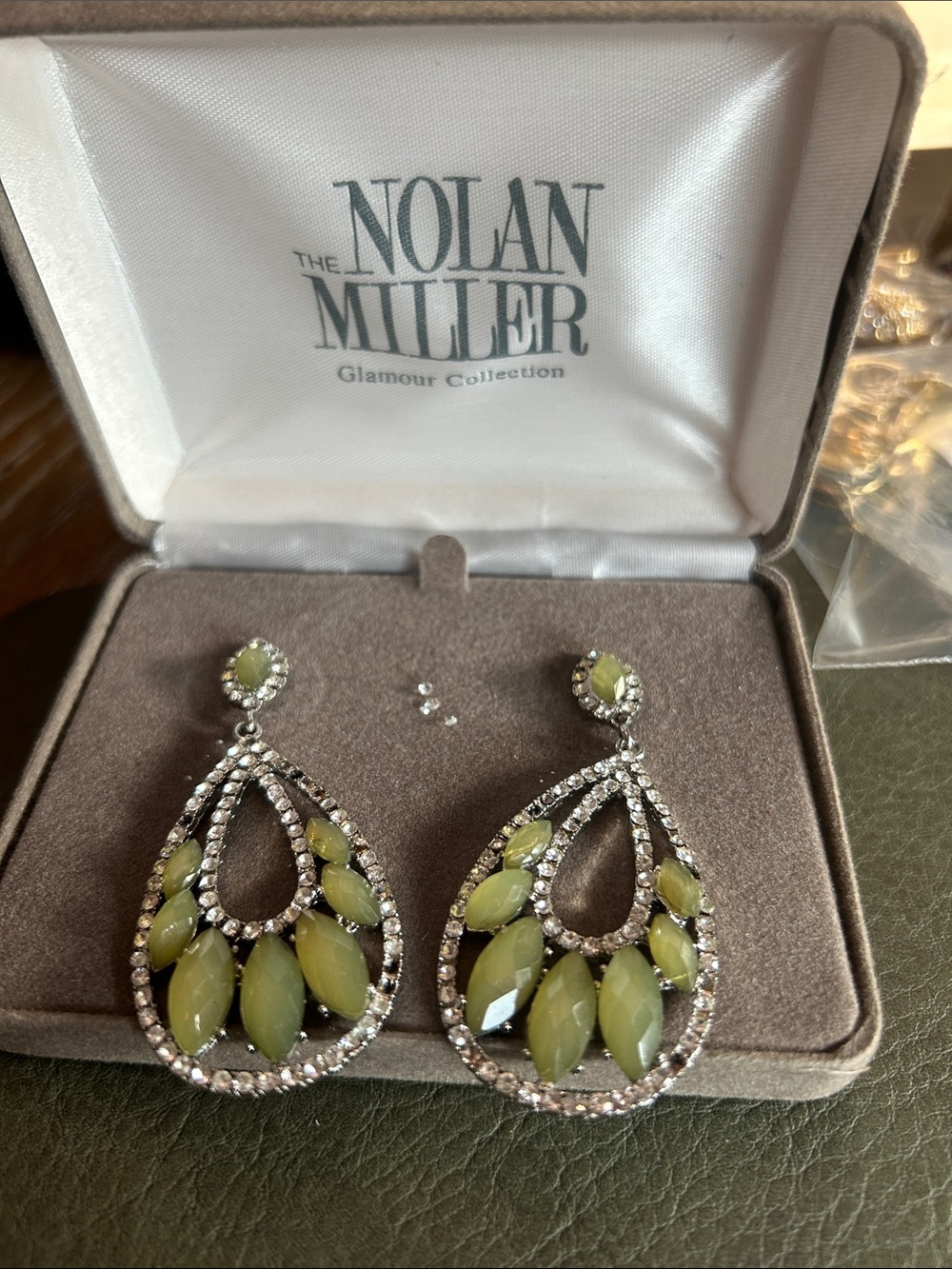 Nolan Miller Pale Olive Teardrop Crystal Dangle Earrings
